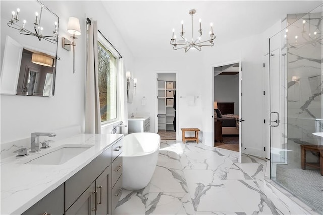 120 Nezhat Pl, Atlanta, GA 30350 - full bath with a chandelier, a marble finish shower, a soaking tub, and vanity