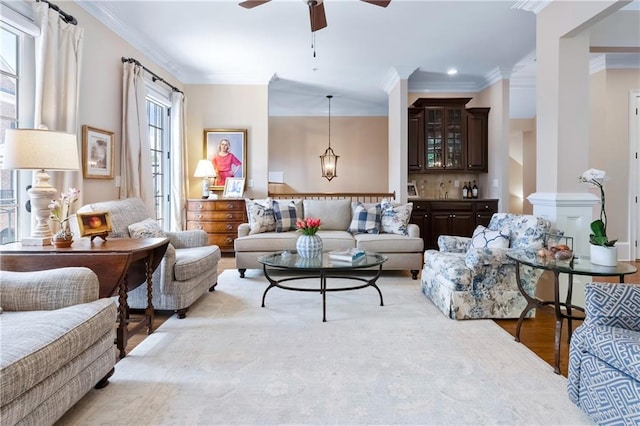 2283 Falmouth Ct SE Unit 22, Smyrna, GA 30080 - living area with crown molding, a ceiling fan, wood finished floors, and recessed lighting