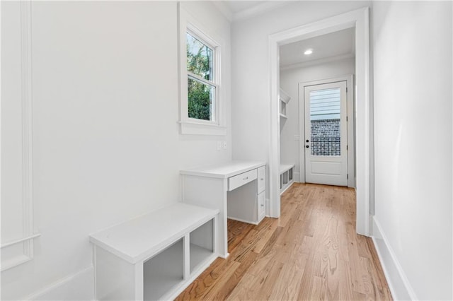 mudroom featuring crown molding and light hardwood / wood-style floors