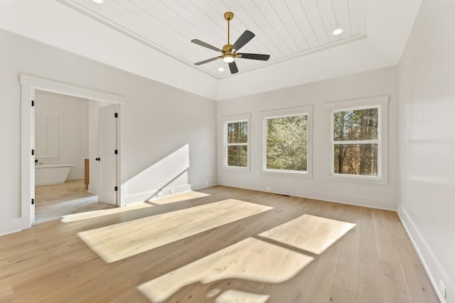 2410 Glade Overlook, Cumming, GA 30041 - empty room featuring light wood-type flooring, ceiling fan, wood ceiling, and recessed lighting