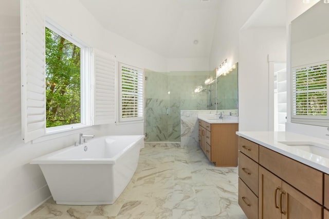 2410 Glade Overlook, Cumming, GA 30041 - full bath with a marble finish shower, two vanities, a soaking tub, marble finish floors, and lofted ceiling
