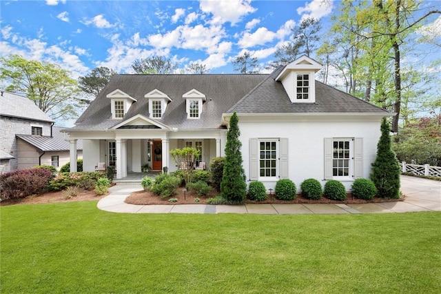 1141 Ragley Hall Rd NE, Brookhaven, GA 30319 - cape cod house featuring a porch, a front lawn, and roof with shingles