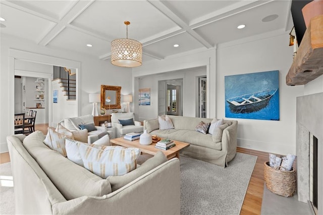 1141 Ragley Hall Rd NE, Brookhaven, GA 30319 - living room featuring wood finished floors, coffered ceiling, baseboards, beam ceiling, and recessed lighting