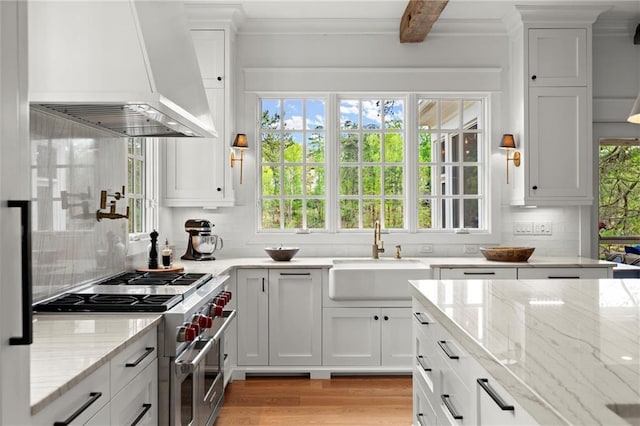 1141 Ragley Hall Rd NE, Brookhaven, GA 30319 - kitchen featuring a sink, double oven range, tasteful backsplash, and premium range hood