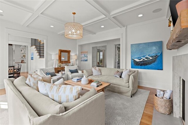 1141 Ragley Hall Rd NE, Brookhaven, GA 30319 - living area featuring coffered ceiling, wood finished floors, recessed lighting, beamed ceiling, and baseboards