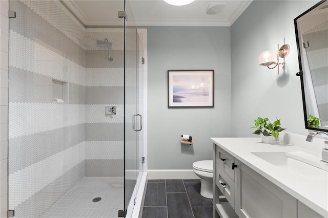 1141 Ragley Hall Rd NE, Brookhaven, GA 30319 - full bathroom with tile patterned floors, toilet, a stall shower, vanity, and ornamental molding
