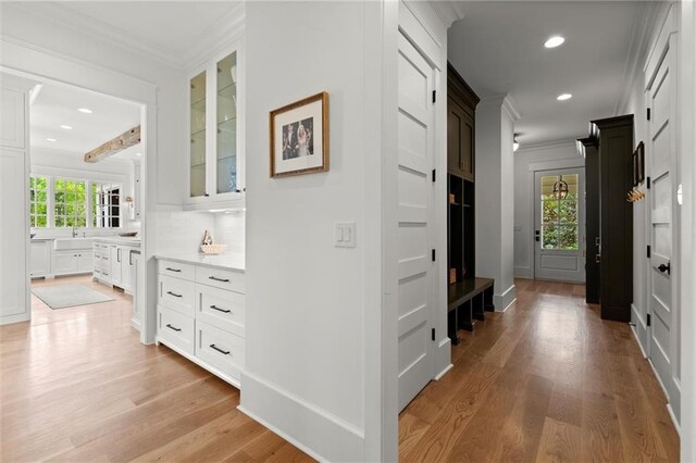 1141 Ragley Hall Rd NE, Brookhaven, GA 30319 - hall featuring light wood-type flooring, baseboards, recessed lighting, and ornamental molding