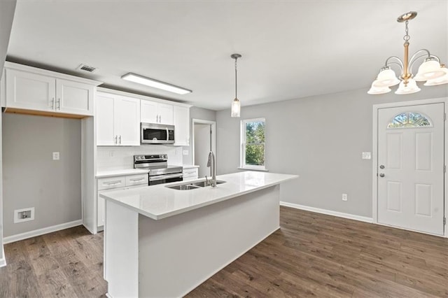 kitchen with stainless steel appliances, a center island with sink, sink, pendant lighting, and white cabinets