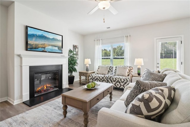 11113 Suria Dr, Covington, GA 30014 - living area featuring a ceiling fan, healthy amount of natural light, wood finished floors, and a glass covered fireplace