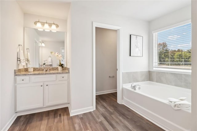 11113 Suria Dr, Covington, GA 30014 - bathroom with vanity, a garden tub, and wood finished floors