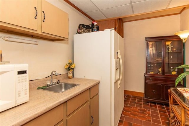 kitchen with a sink, a paneled ceiling, white appliances, and light countertops