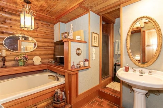 bathroom with baseboards, wooden ceiling, log walls, and a bath
