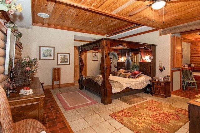 bedroom featuring light tile patterned floors and wood ceiling