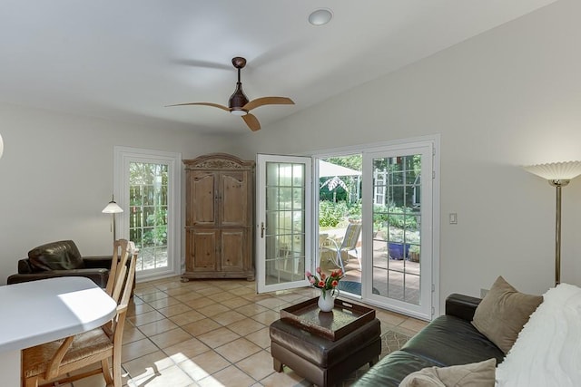 3219 Parkridge Cres, Chamblee, GA 30341 - living room featuring lofted ceiling, light tile patterned floors, and ceiling fan