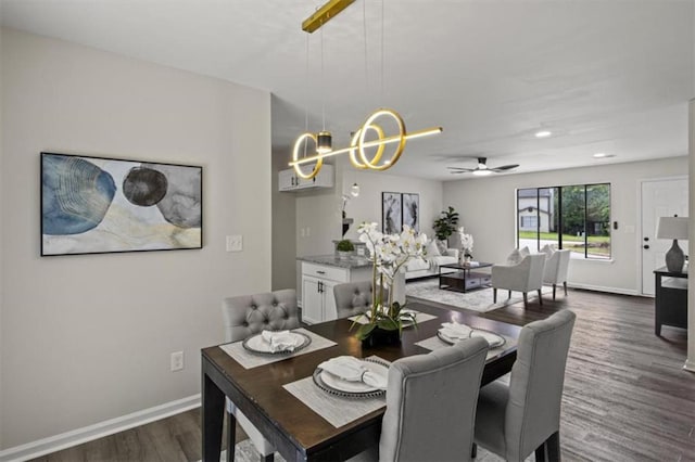4912 Bayside Ct, Stone Mountain, GA 30088 - dining space with dark wood-type flooring, ceiling fan, a chandelier, and recessed lighting