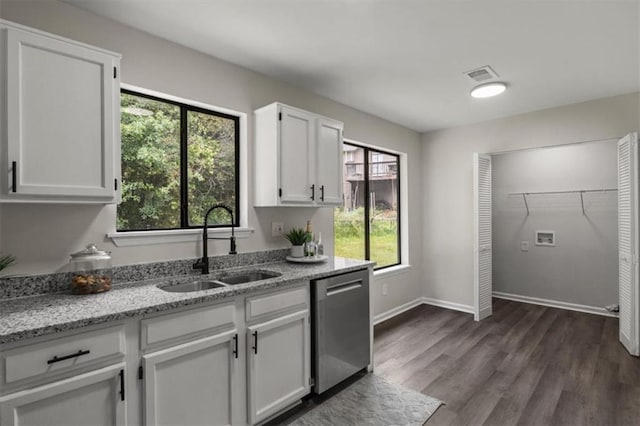 4912 Bayside Ct, Stone Mountain, GA 30088 - kitchen with dishwasher, white cabinetry, light stone counters, and dark wood-style flooring