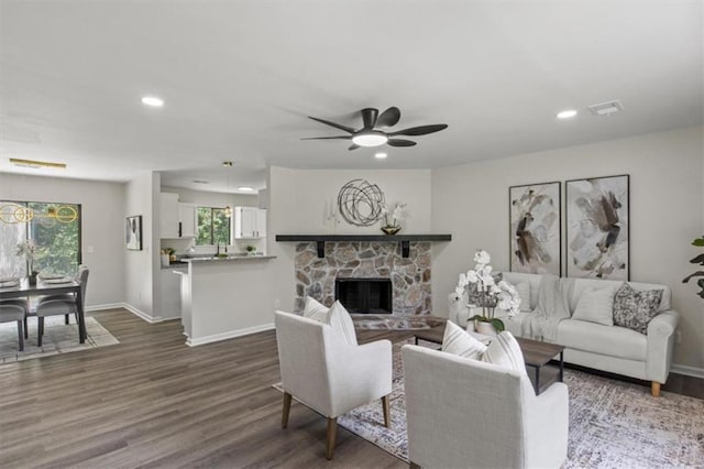 4912 Bayside Ct, Stone Mountain, GA 30088 - living area with recessed lighting, dark wood-style floors, a ceiling fan, and a fireplace