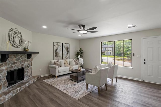 4912 Bayside Ct, Stone Mountain, GA 30088 - living area with a ceiling fan, dark wood finished floors, a fireplace, and recessed lighting
