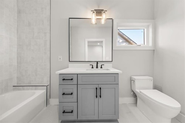 2018 Presley Way NE, Atlanta, GA 30317 - bathroom featuring toilet, vanity, baseboards, and marble finish flooring
