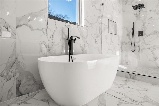 2018 Presley Way NE, Atlanta, GA 30317 - full bathroom featuring marble tiled flooring, a marble finish shower, a freestanding bath, a sink, and tile walls
