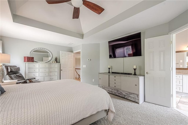10865 Glenhurst Pass, Duluth, GA 30097 - bedroom featuring light colored carpet, a ceiling fan, and connected bathroom