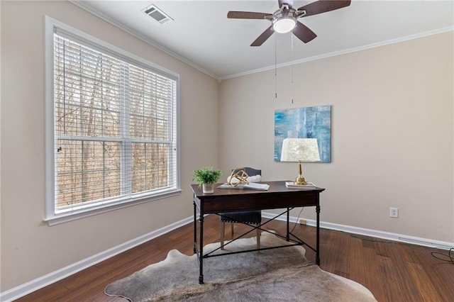 office with visible vents, wood finished floors, crown molding, baseboards, and ceiling fan