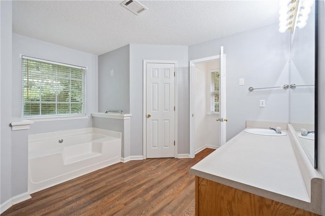 bathroom featuring vanity, hardwood / wood-style floors, a textured ceiling, and a washtub