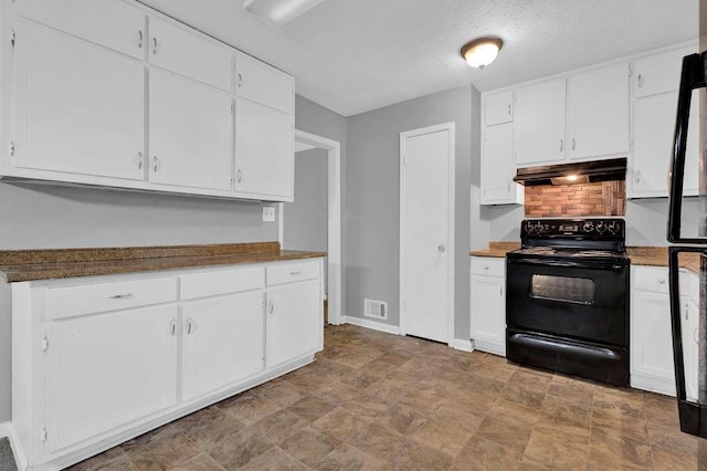 kitchen featuring visible vents, black electric range oven, baseboards, white cabinetry, and under cabinet range hood