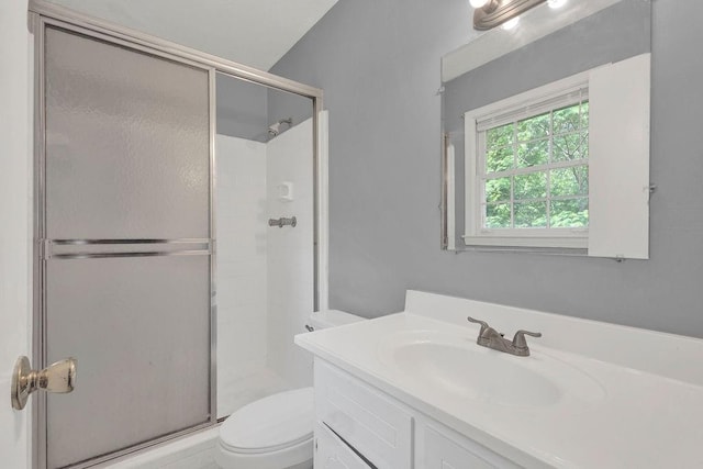 bathroom with vanity, toilet, and a stall shower