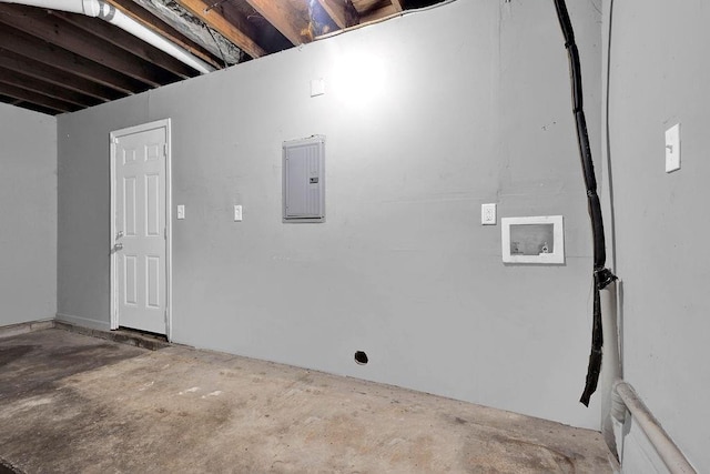 unfinished basement featuring electric panel