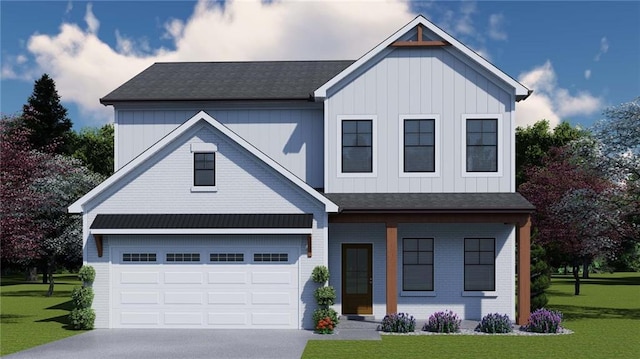 modern farmhouse featuring an attached garage, a front lawn, concrete driveway, and brick siding