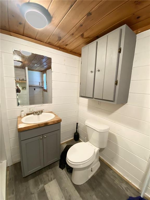 bathroom featuring wooden ceiling, hardwood / wood-style flooring, and vanity