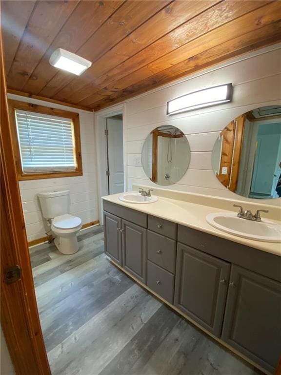 bathroom with dual vanity, hardwood / wood-style flooring, wood ceiling, and toilet