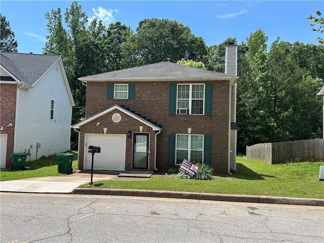 view of front of property with a chimney, driveway, brick siding, and a garage