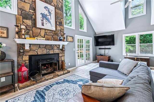 21 Basin Ct, Jasper, GA 30143 - living room featuring a ceiling fan, stairway, high vaulted ceiling, and wood finished floors