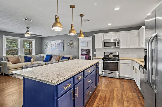 kitchen featuring dark wood finished floors, blue cabinetry, open floor plan, and stainless steel appliances