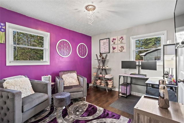 office space featuring a textured ceiling, an accent wall, baseboards, and dark wood-style flooring