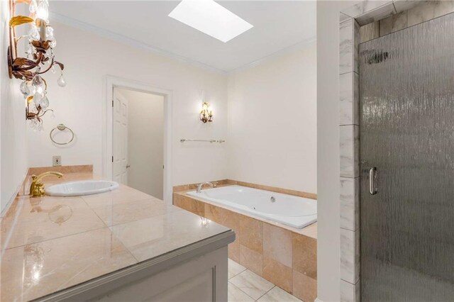 bathroom featuring vanity, tile patterned floors, and separate shower and tub