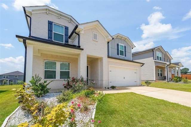 view of front facade featuring a front yard, driveway, an attached garage, and stucco siding