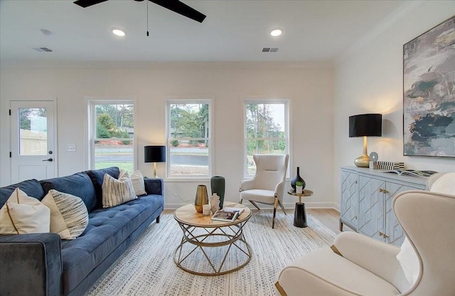 living area featuring a ceiling fan, visible vents, ornamental molding, and light wood-style flooring
