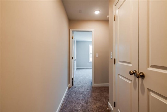 hall featuring baseboards and carpet flooring