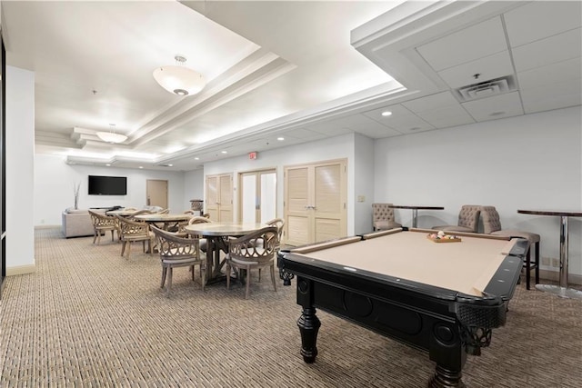 playroom with carpet, a drop ceiling, and billiards