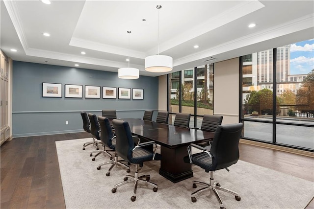 office area with a raised ceiling, a wealth of natural light, and crown molding