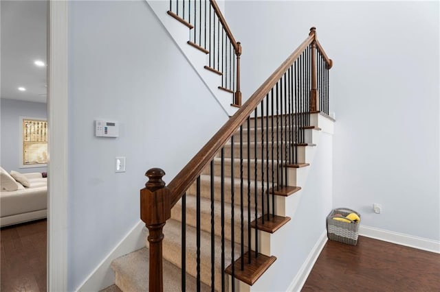 2040 Harvest Ridge Cir, Buford, GA 30519 - stairs with wood finished floors, recessed lighting, and baseboards