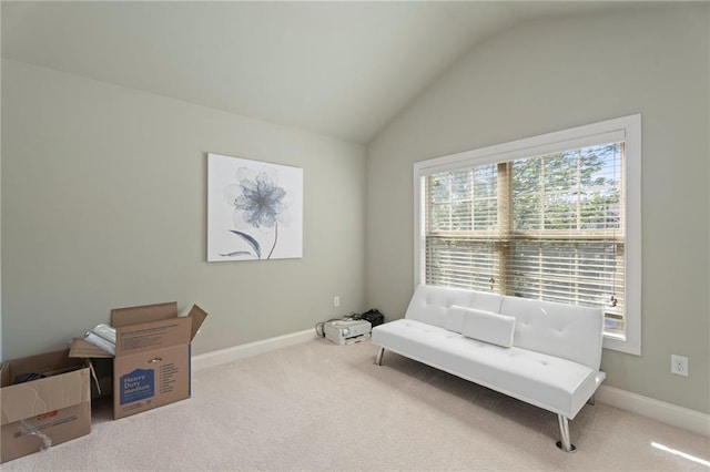 2040 Harvest Ridge Cir, Buford, GA 30519 - living area with lofted ceiling, carpet, and baseboards
