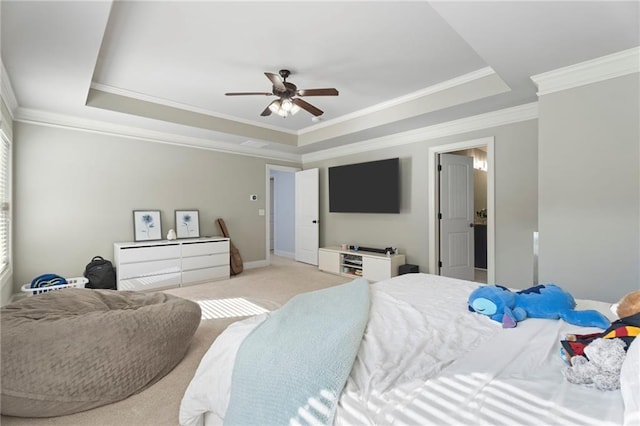 2040 Harvest Ridge Cir, Buford, GA 30519 - bedroom featuring a tray ceiling, light carpet, crown molding, and a ceiling fan