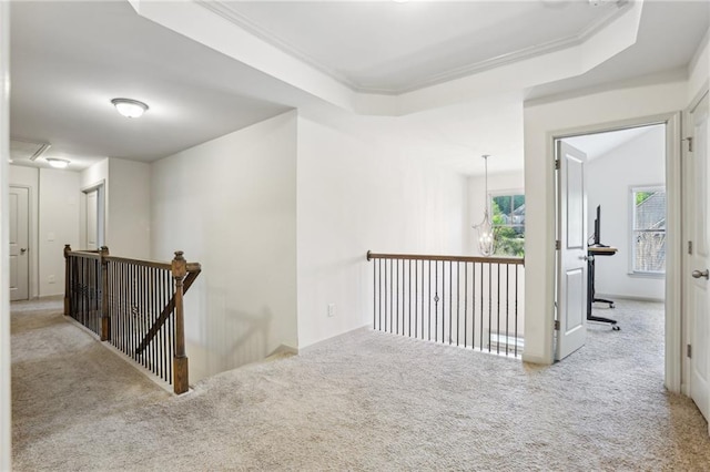 4459 Sierra Creek Dr, Hoschton, GA 30548 - corridor with attic access, ornamental molding, carpet flooring, and an upstairs landing