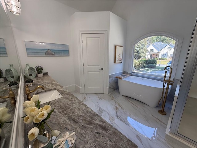 bathroom with vanity and a washtub