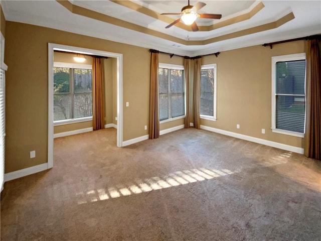 empty room featuring a healthy amount of sunlight, light colored carpet, ornamental molding, and a tray ceiling