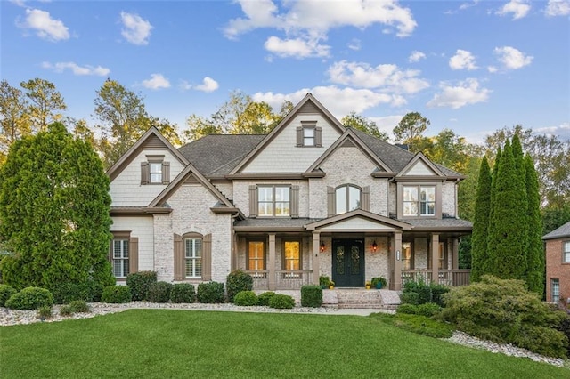 view of front of home with covered porch, brick siding, and a front lawn